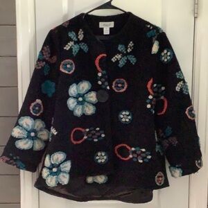 ANES A Vintage Black Boiled-Wool Blend Jacket w Floral Yarn Appliqué M EUC